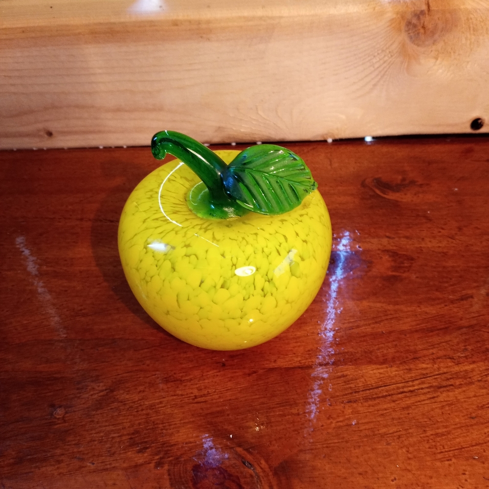 Hand Blown Yellow Glass Apple Paperweight